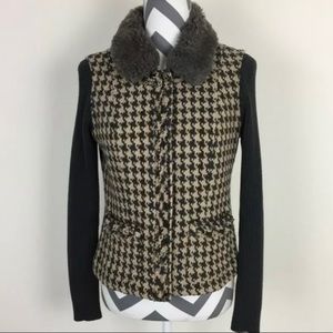 CAbi Mixer Jacket, black & beige houndstooth w/ detachable fur collar, #978 Sz 8
